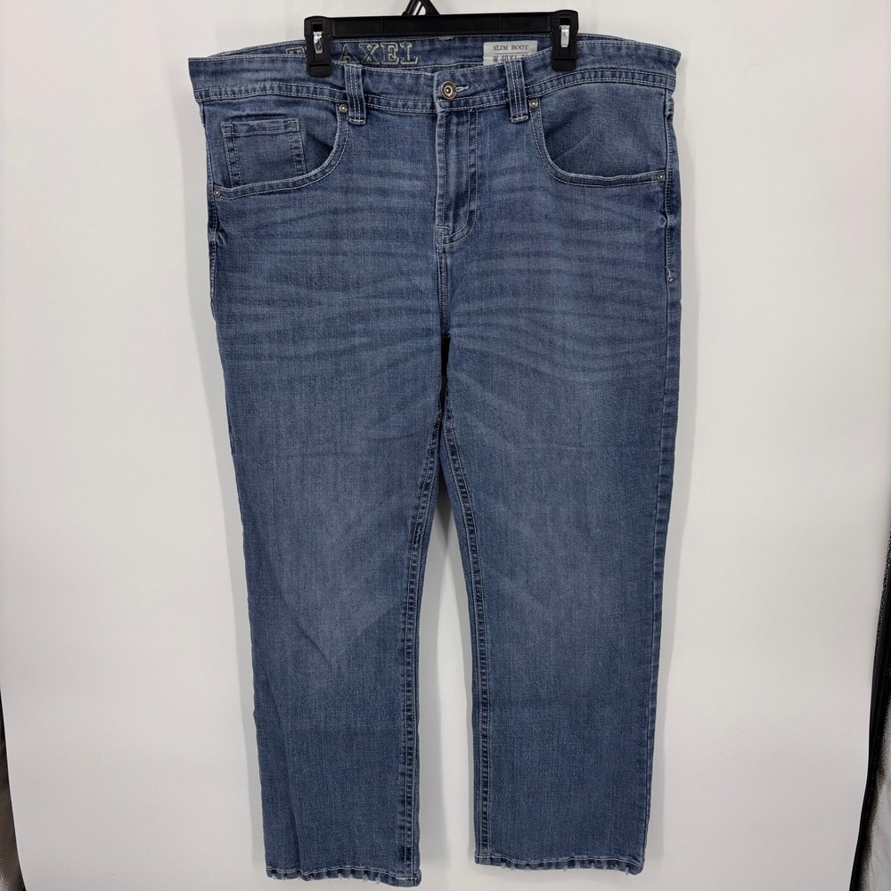 Axel Slim Boot Jeans Mens 40x32 Blue Excellent Stretch Embroidered Flap Pocket